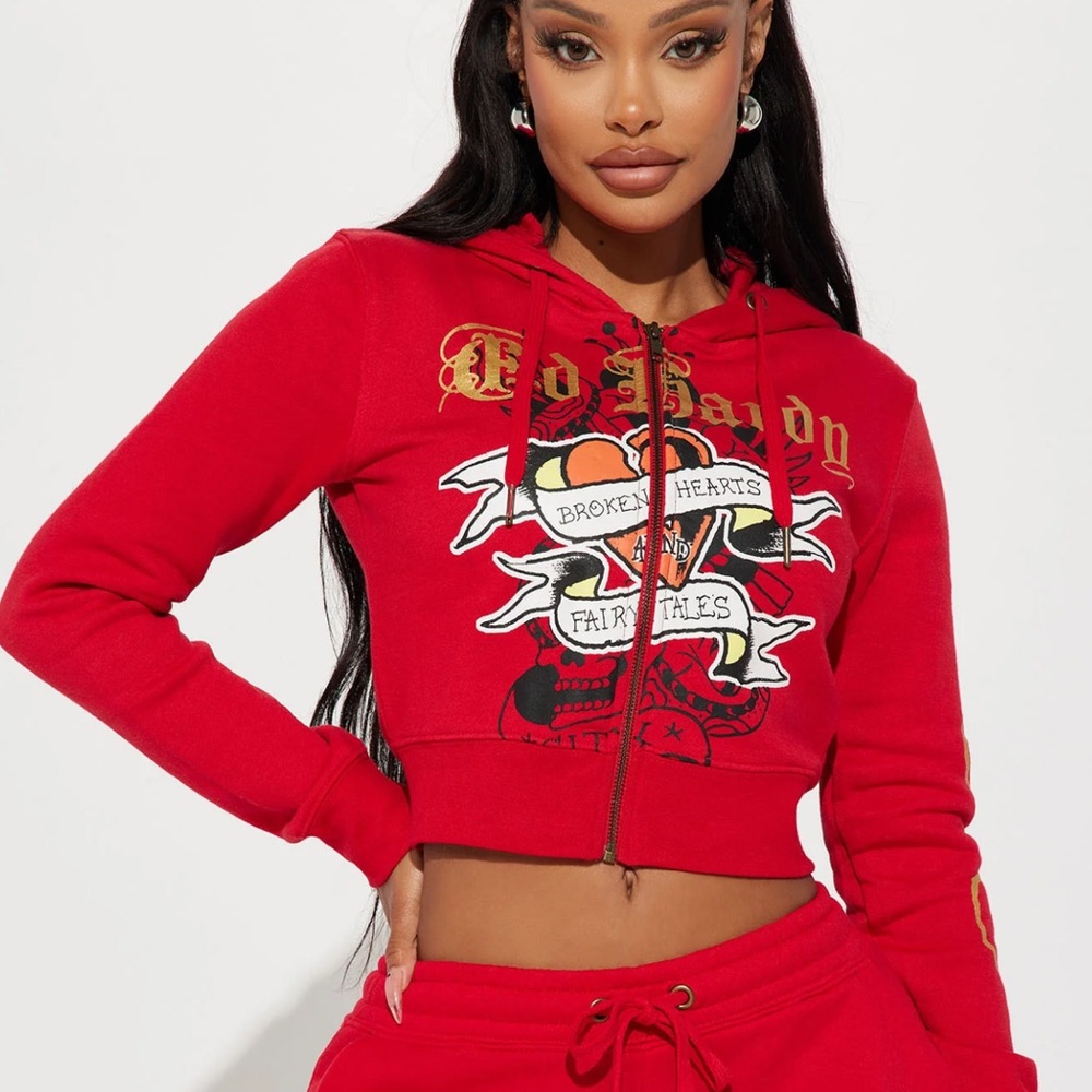 Broken Hearts Ed Hardy Zip Front Hoodie - Red